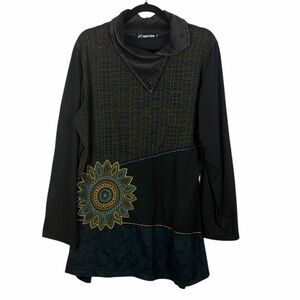 Leopards & Roses 1X Black Tunic Top Mandala Embroidered Cowl Neck Boho Cotton